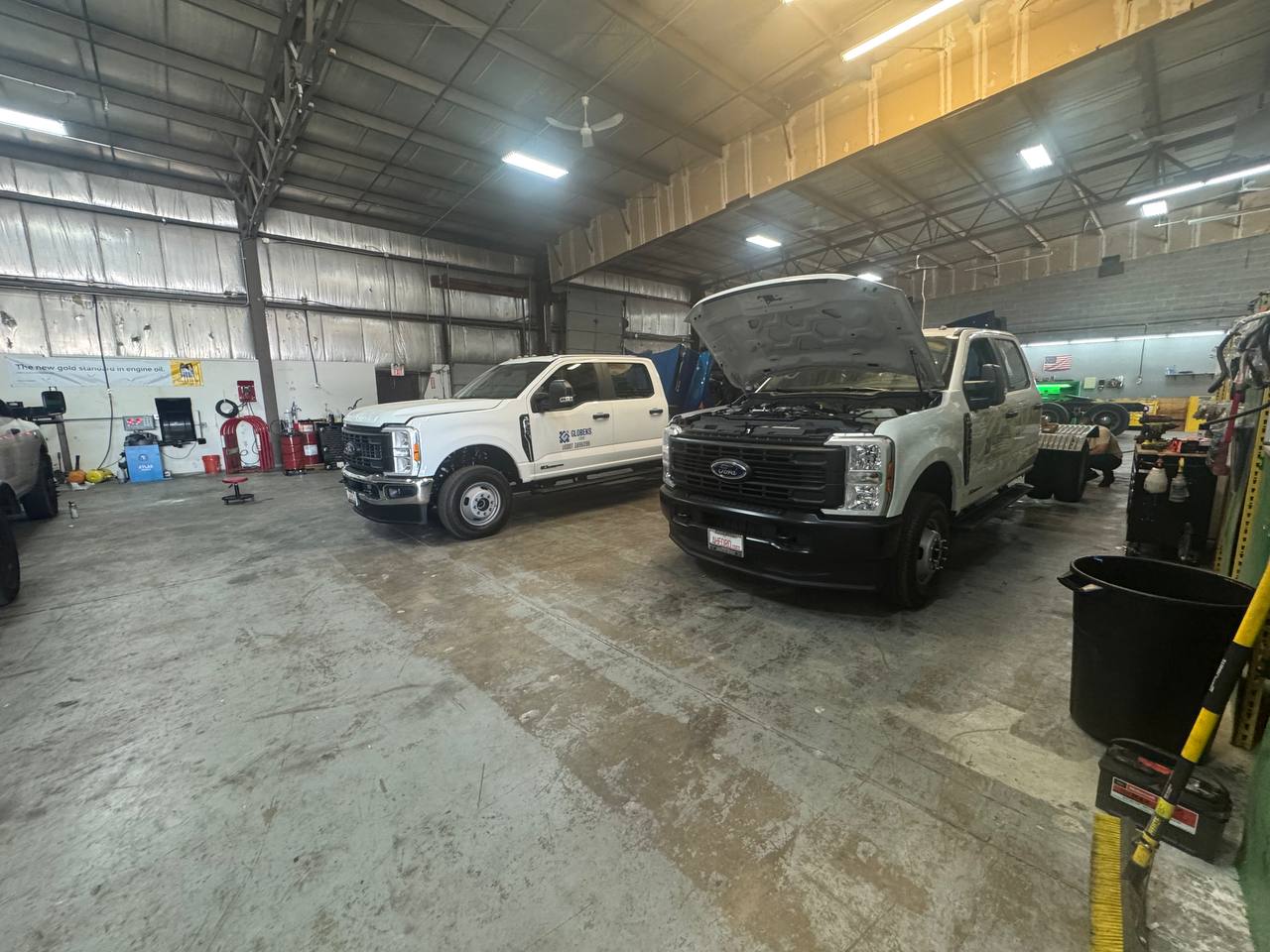 Service bay and trucks